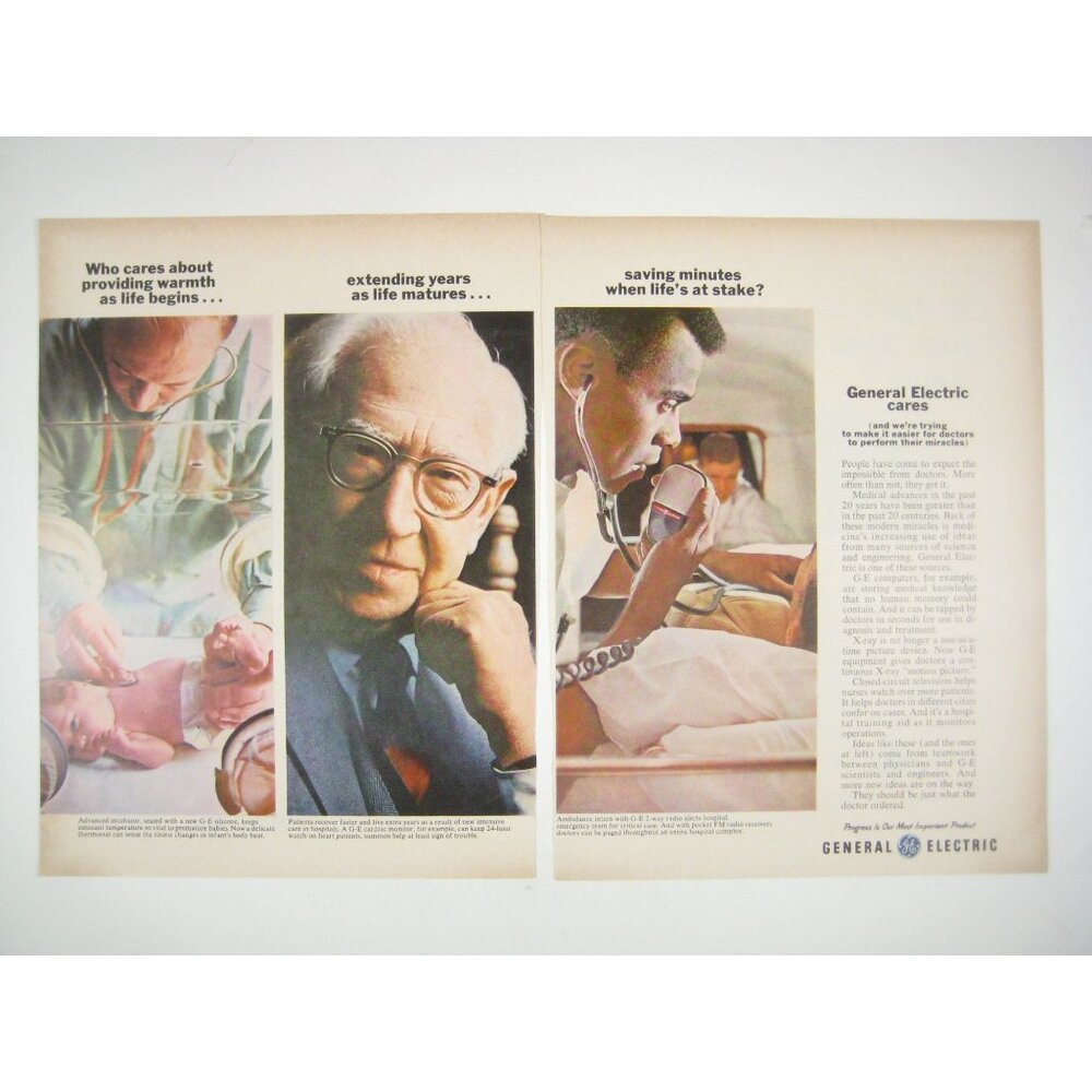General Electric Lifesaving Innovations Medical Care Vintage 1966 Print Ad 2 PG